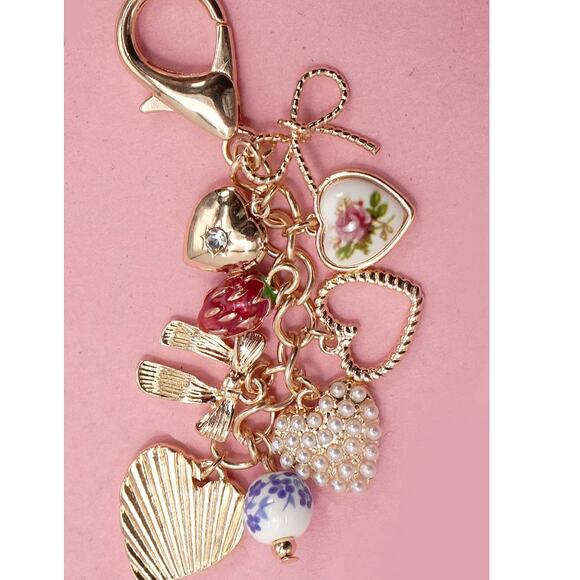 Coquette Porcelain Bows Hearts Pearl Strawberry Bag Charm - Picture 3 of 3